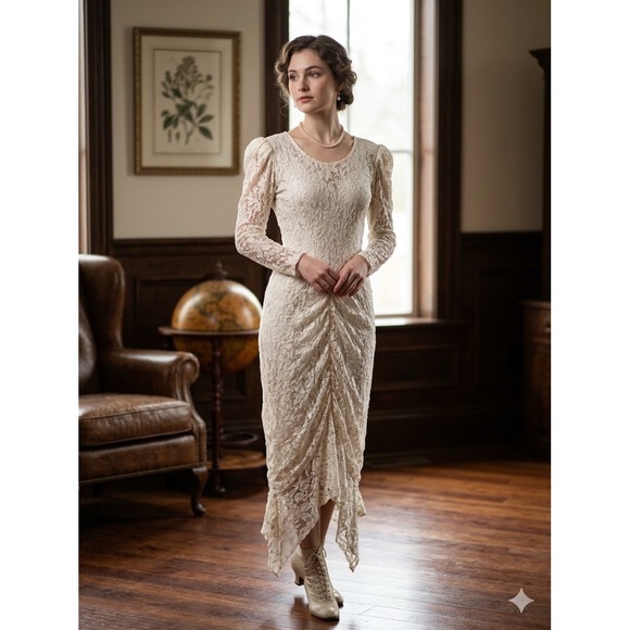 Unbranded Dresses & Skirts - Whimsigoth Boho Floral Lace Handkerchief Hem Midi Dress Womens S Cream Vintage